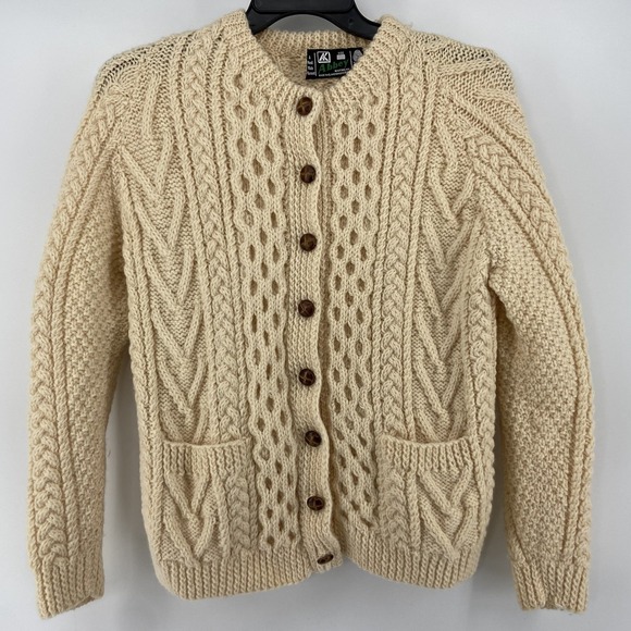 Vintage Sweater Women Small Wool Cable Knit Fisherman Cardigan Irish Chunky - Picture 1 of 7